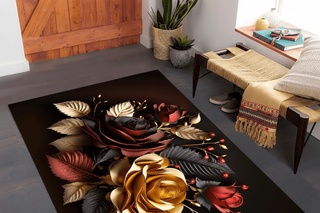 Golden Black Rose Rug