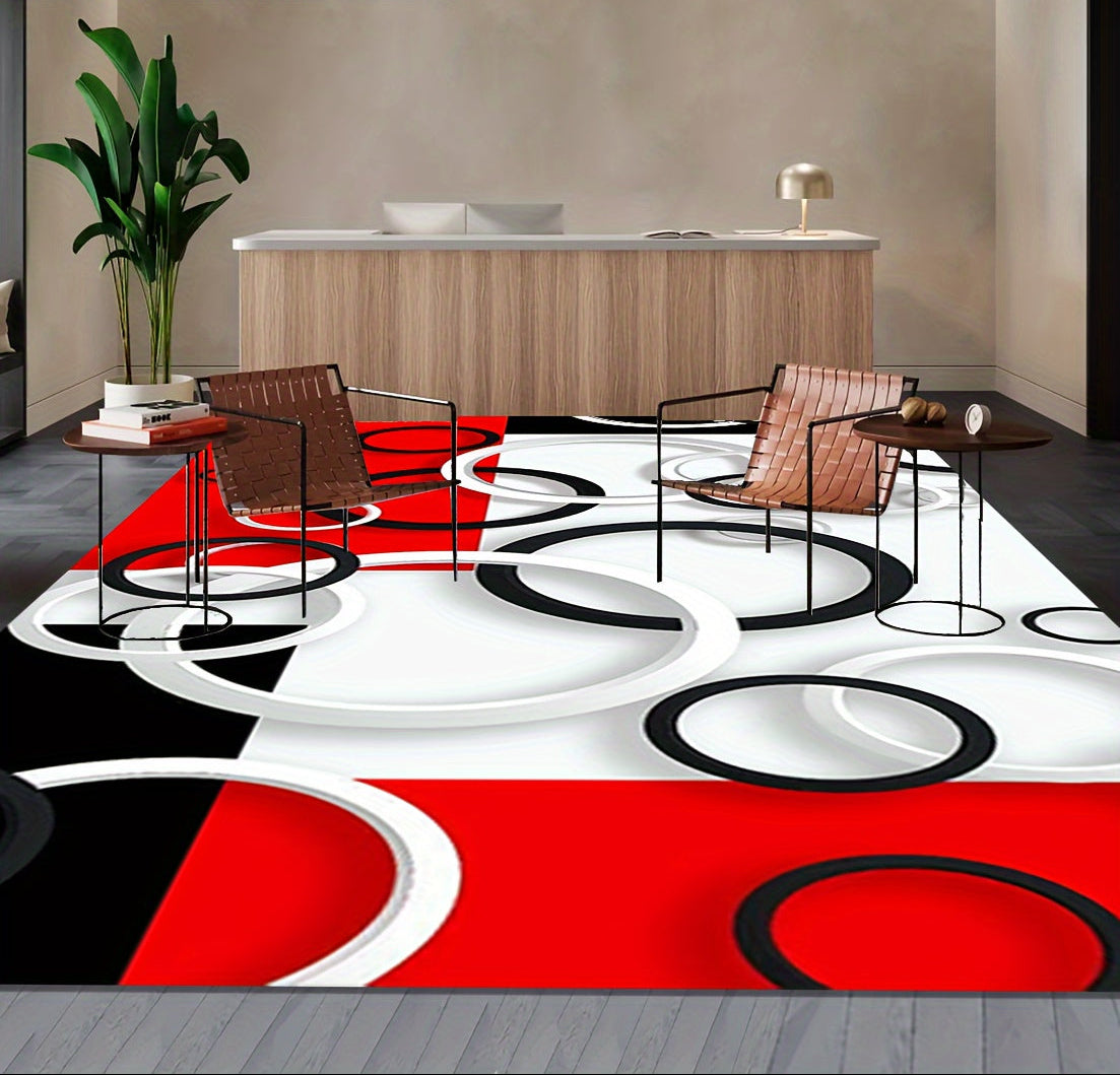Luxury Modern Black, White & Red Circle Pattern Area Rug