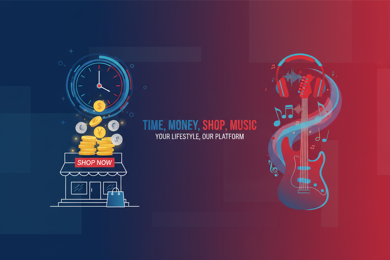 Blue & Red Artistic Design that has time,money,shop and music in it and please make it fit my products and my website desin