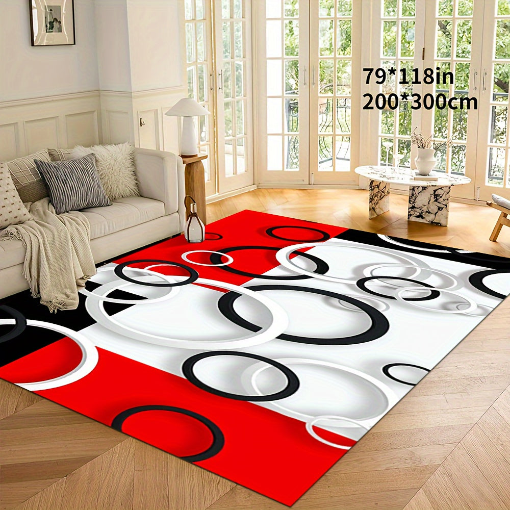 Luxury Modern Black, White & Red Circle Pattern Area Rug