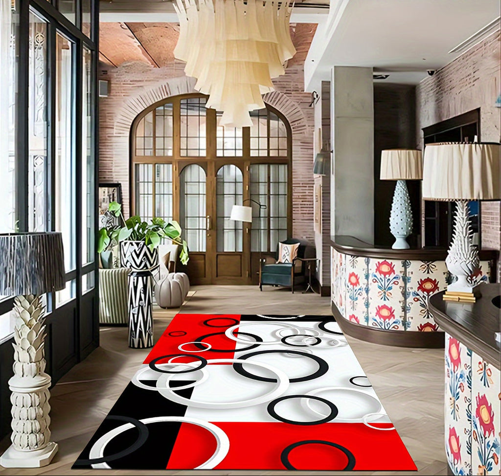 Luxury Modern Black, White & Red Circle Pattern Area Rug
